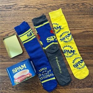SPAM Blue and Gold Tin with 3 pair of SPAM SOCKS. NEW!!! Never used!